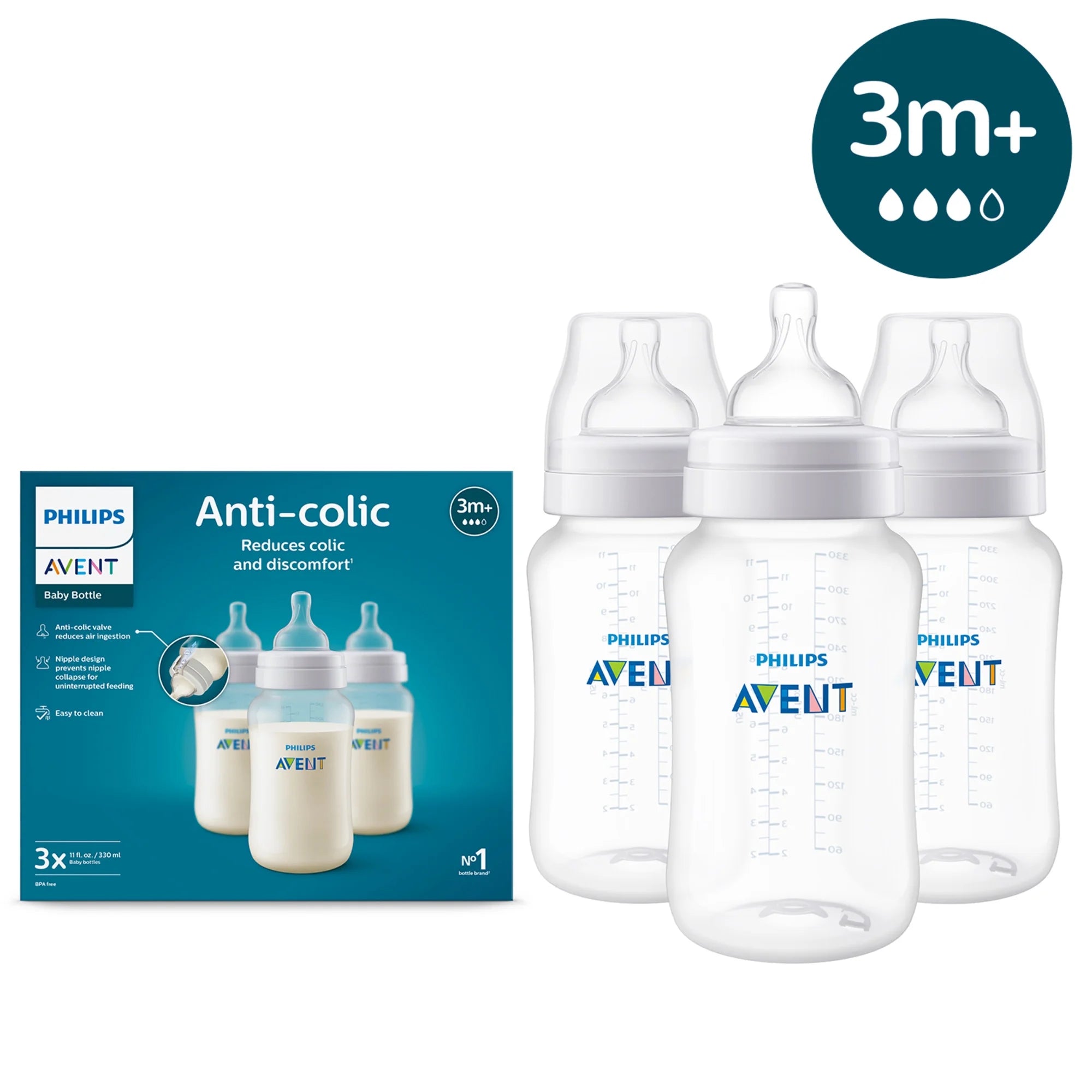 Philips Avent Anti-colic Baby Bottles, 11oz, 3pk, Clear, SCY106/03