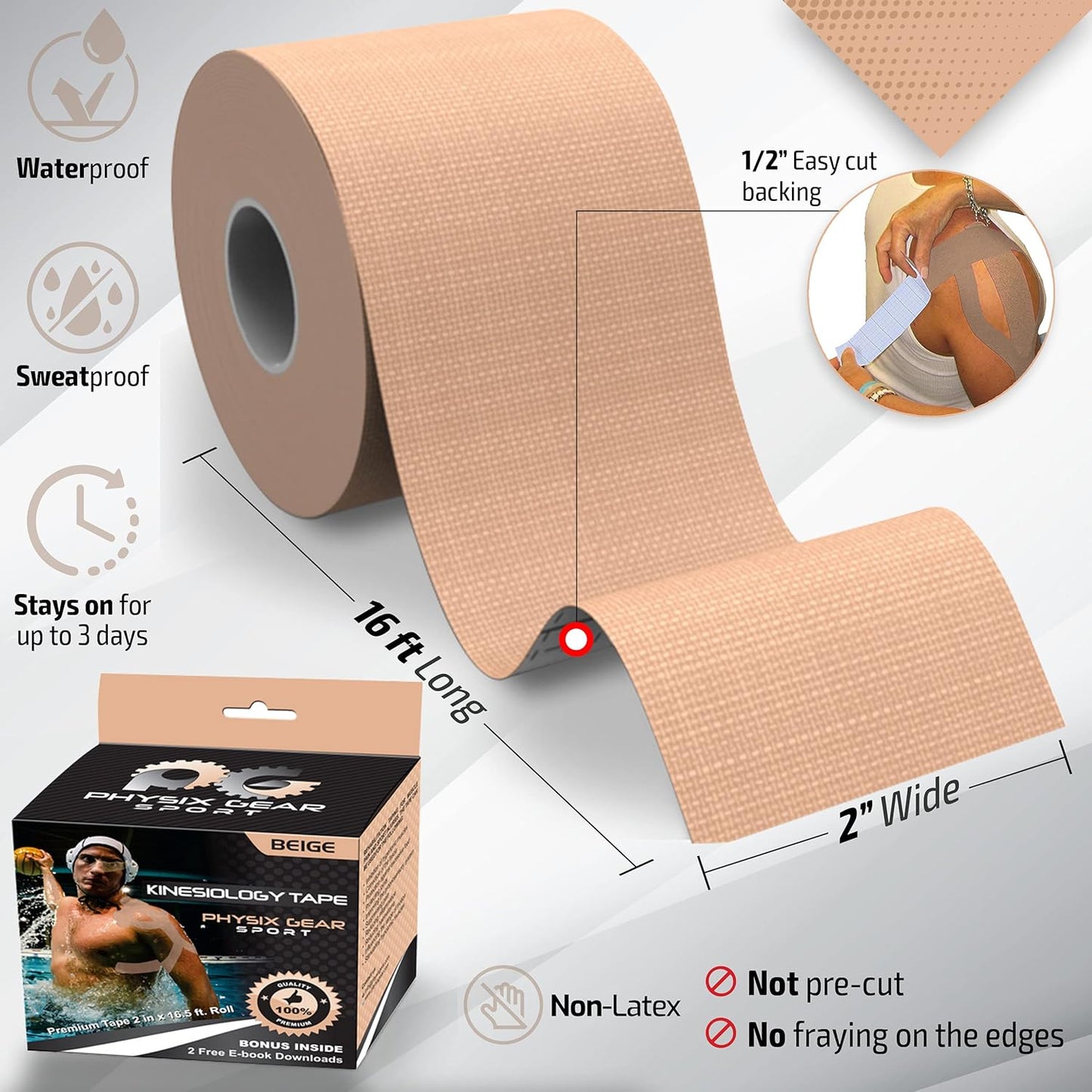 Physix Gear Sport Kinesiology Athletic Tape – 1 Pack, Beige (2 in x 16.5 ft Roll) – Durable Support for Muscles & Joints