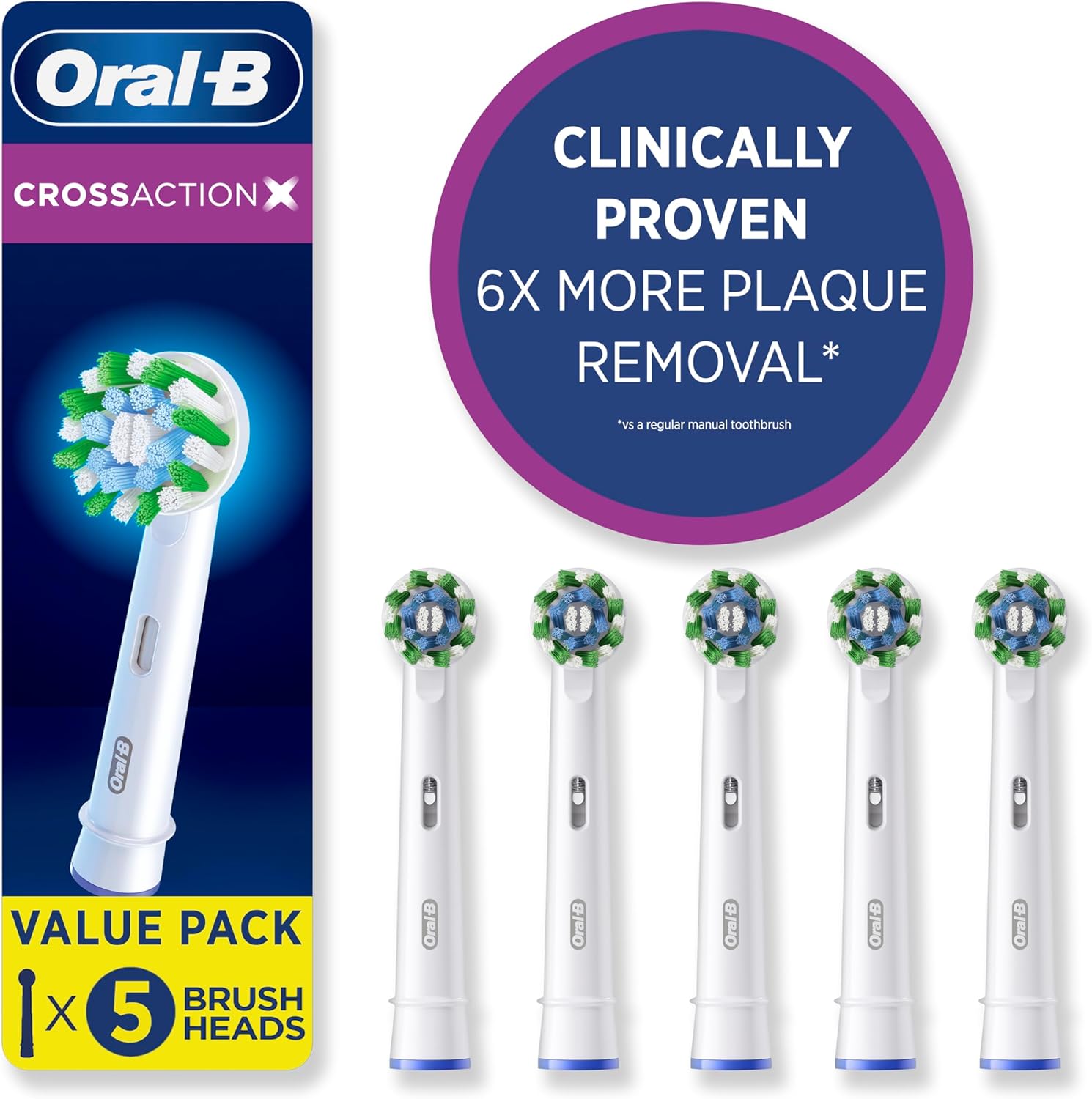 Oral-B Genuine Replacement Brush Heads, Cross Action, Refills For Oral-B Electric Toothbrushes, White, 5 Count