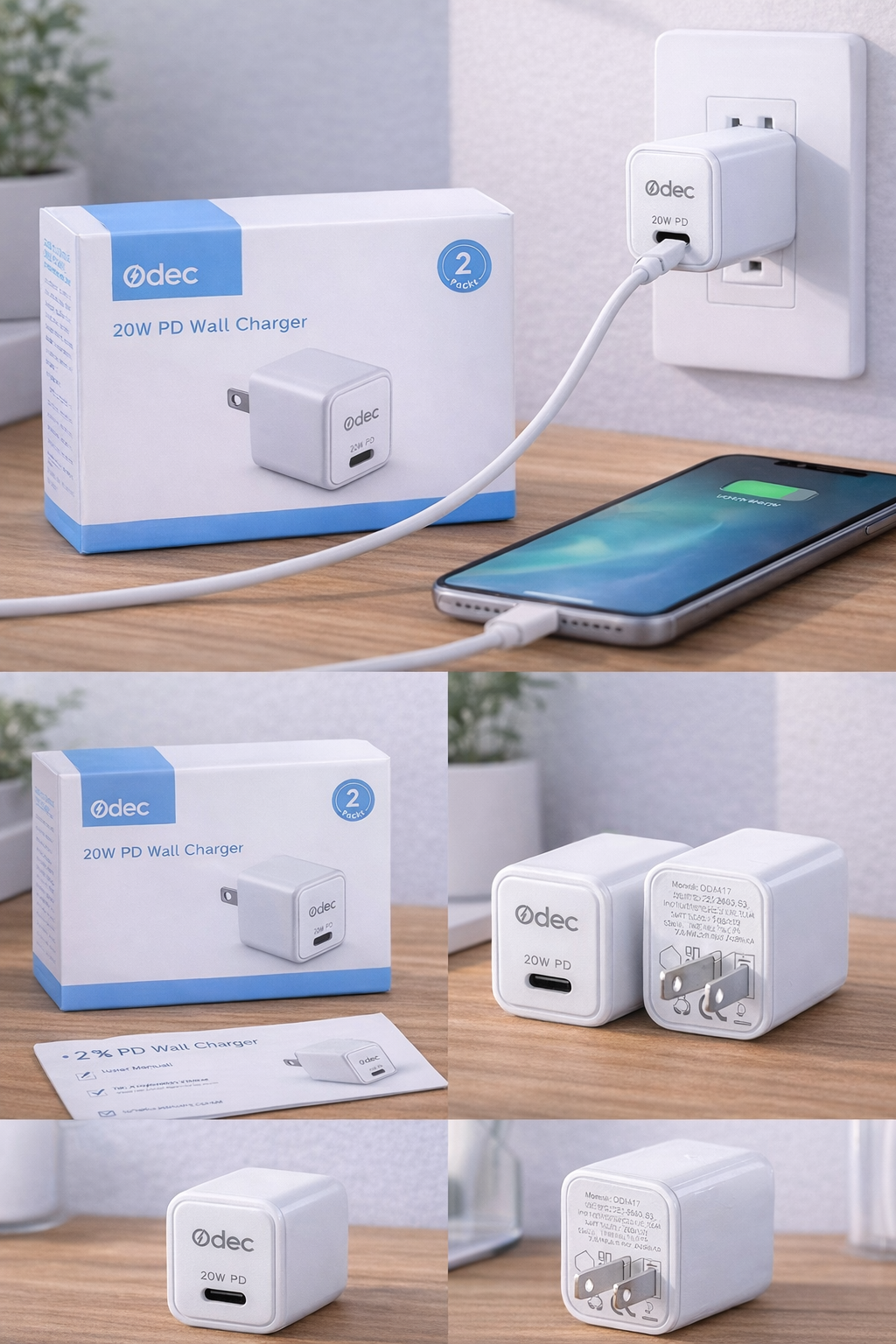 ODEC 20W PD Wall Charger – 2 Pack (Colour: White)