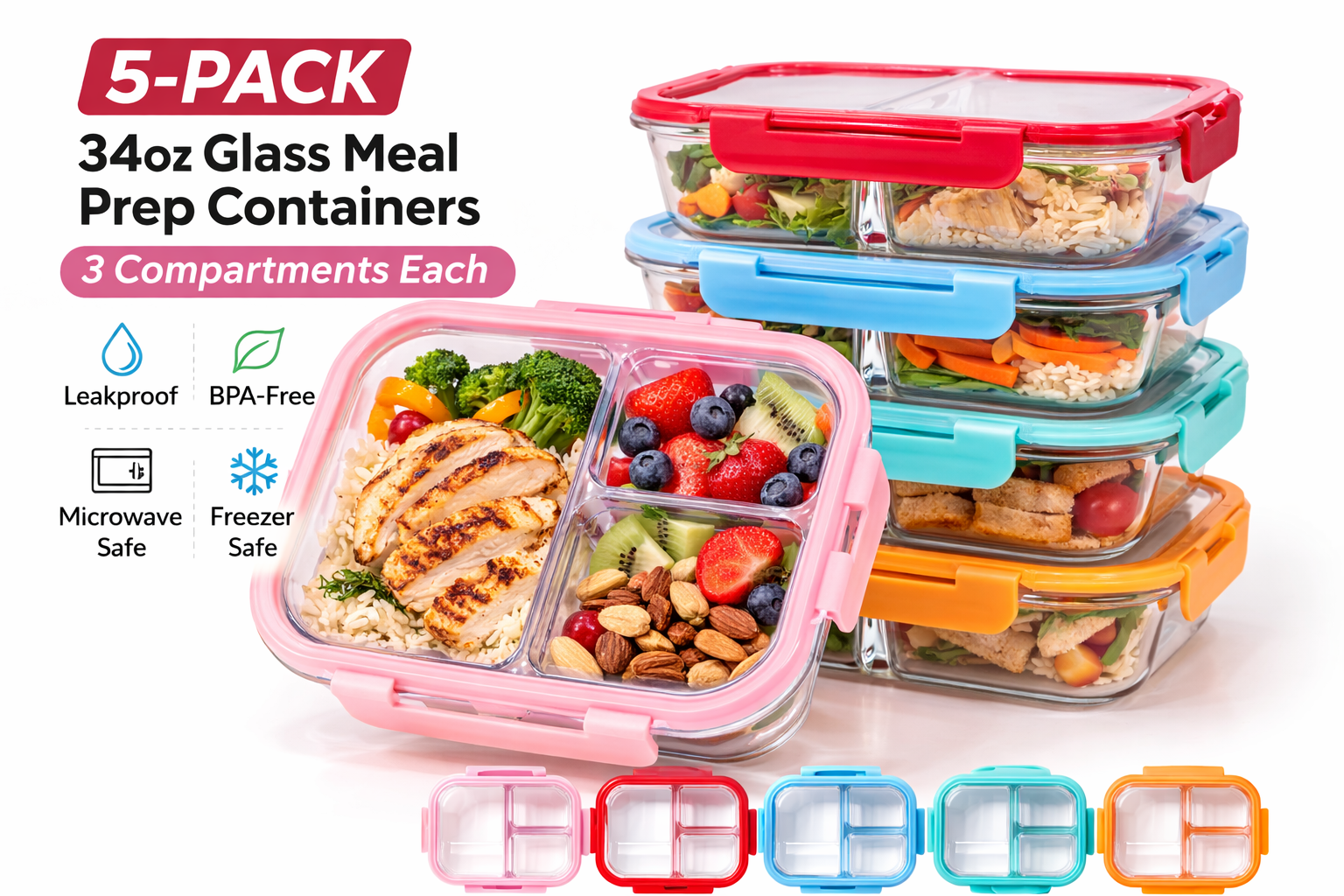 5-Pack 34oz Glass Meal Prep Containers with 3 Compartments – Airtight Leakproof Snap-Lock Lids, BPA-Free, Microwave & Freezer Safe