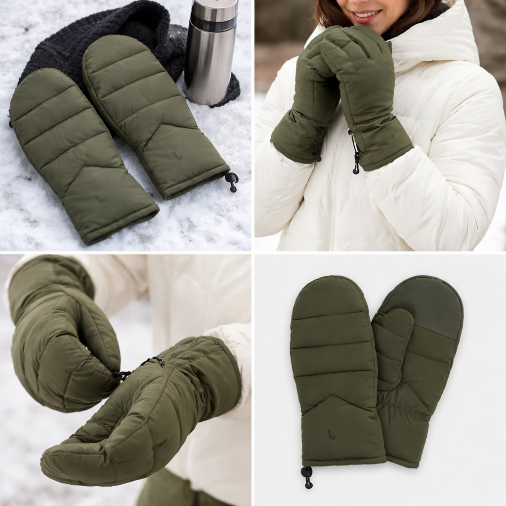 LOLE Downlite Outdoor Green Puffer Mittens – Warm Insulated Winter Gloves (LG/XL)