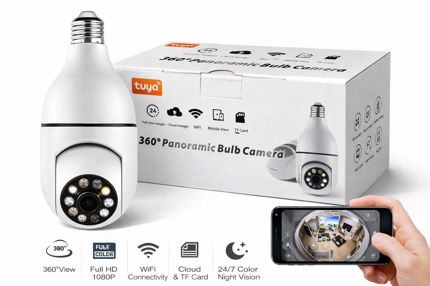 Tuya 360° Panoramic Bulb Security Camera – Wi-Fi Smart Surveillance with Motion Detection