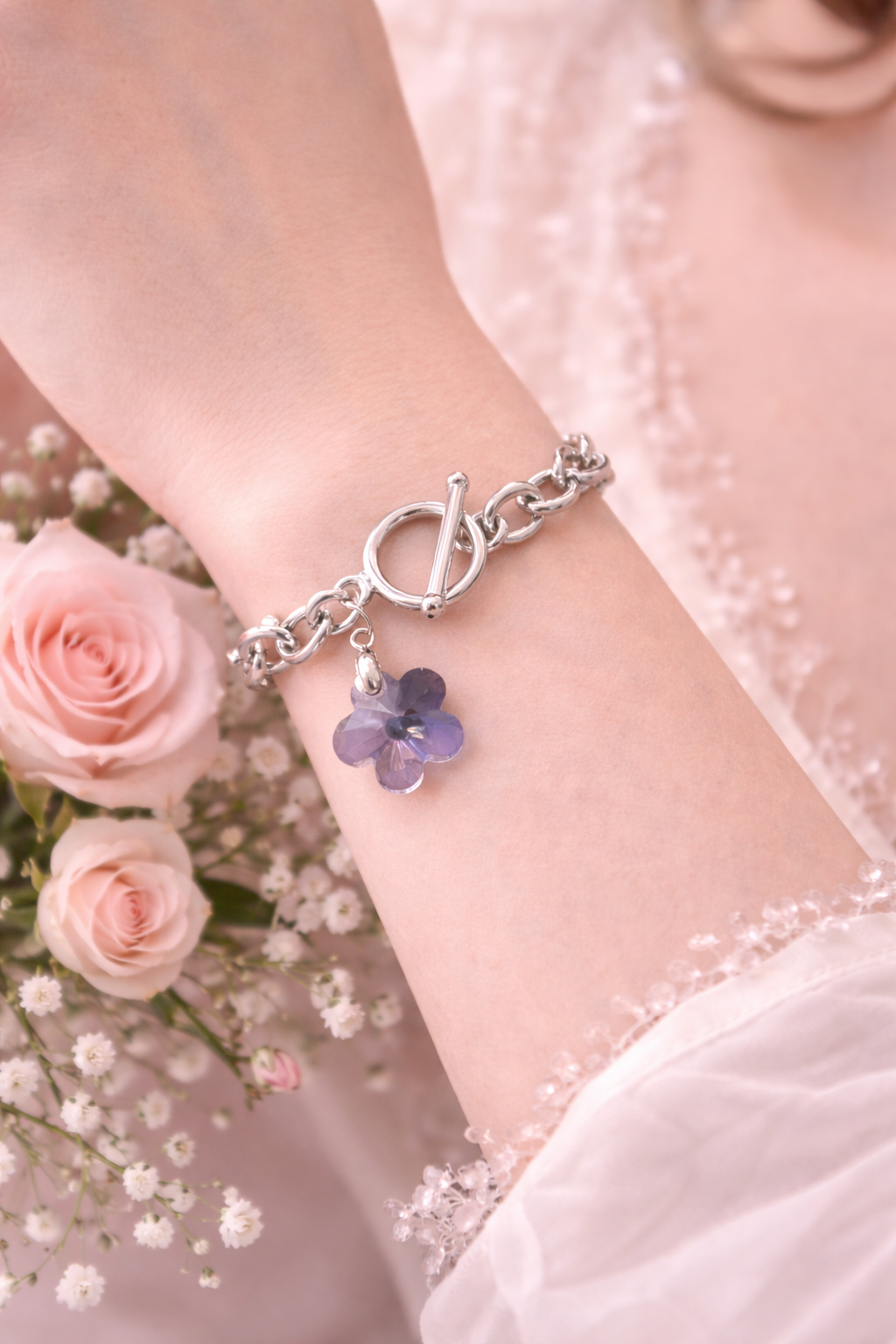 Purple Flower Bracelet with Swarovski Elements – Romantic Jewelry Gift