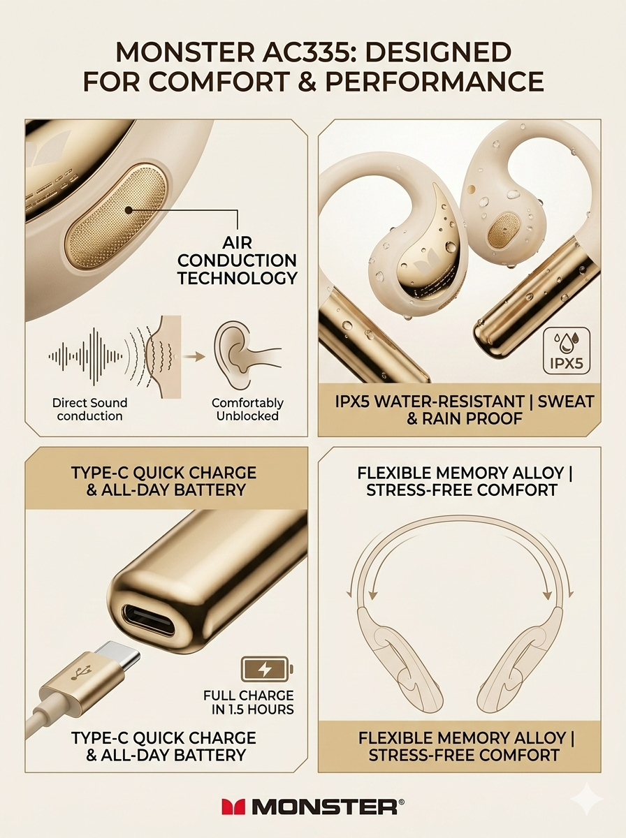 Monster Open Ear AC335 Bluetooth 5.4 Wireless Headphones 24H Playtime IPX5 Sweat Resistant ENC Calls