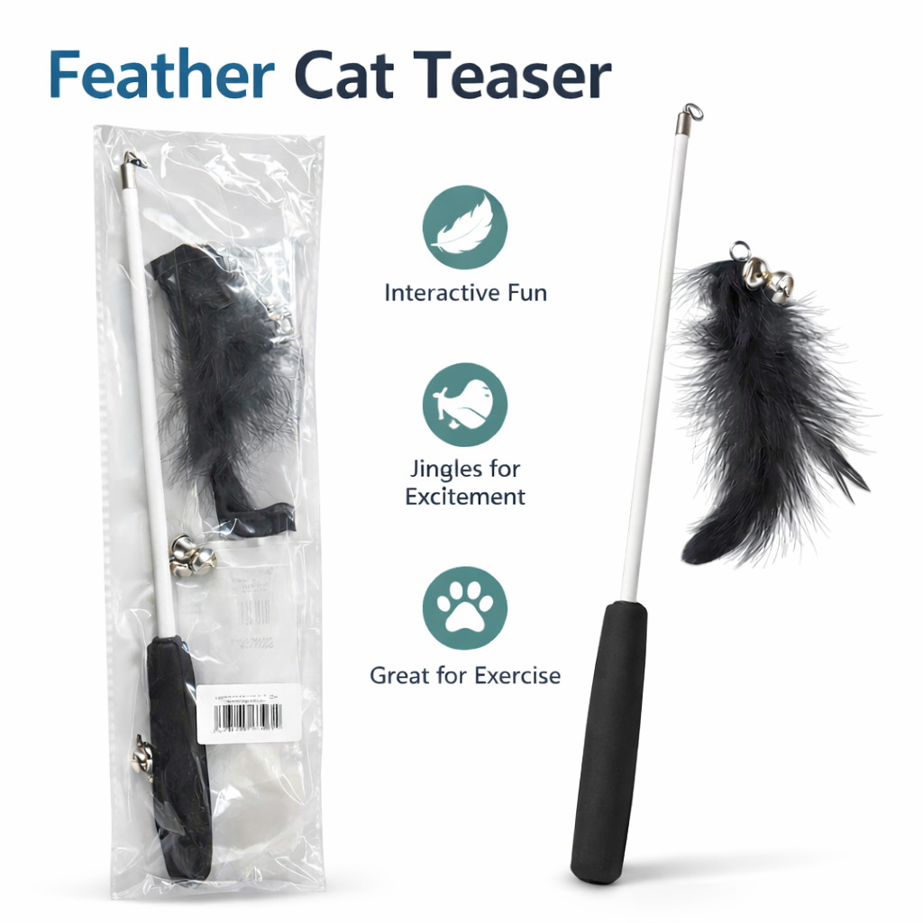 Pawaboo Feather Teaser Cat Wand Interactive Flying Feather Toy with Extra Long Handle