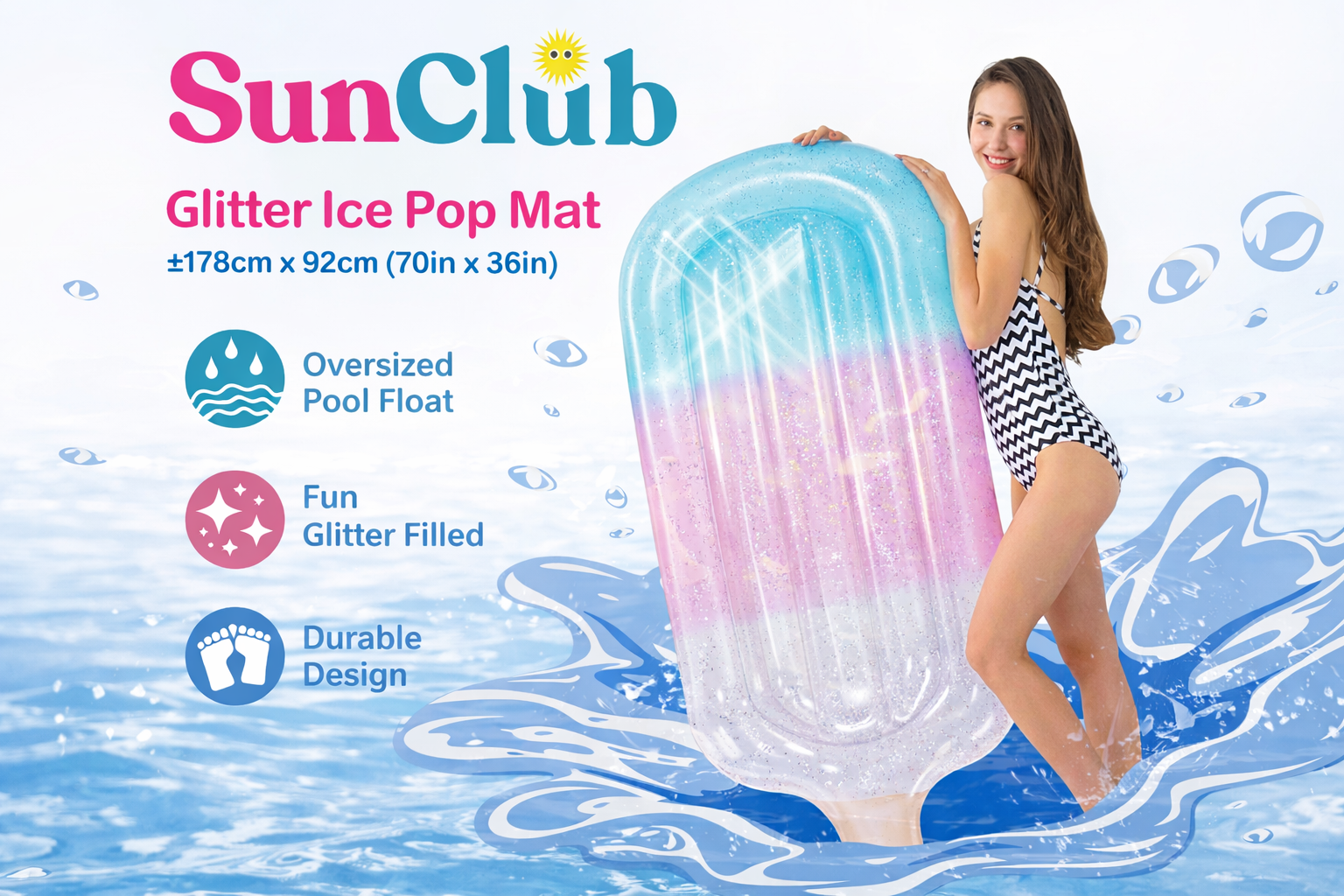 Sun Club Glitter Ice Pop Inflatable Pool Float Lounge Mat