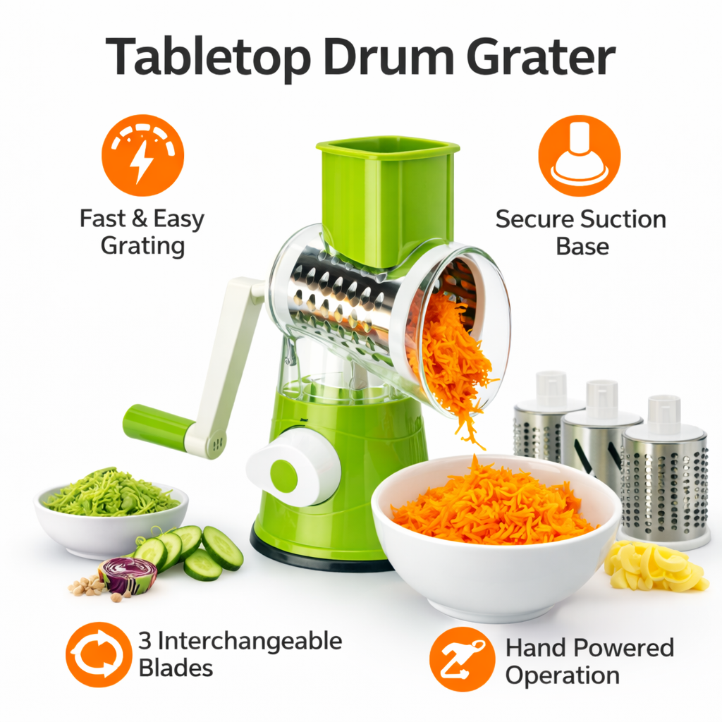 Rotary Cheese Grater and Vegetable Slicer with 3 Interchangeable Blade Drums Kitchen Shredder