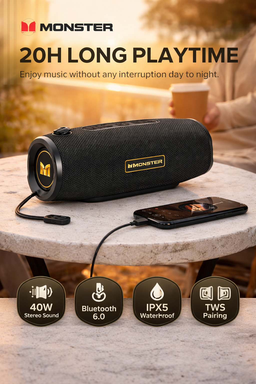 Monster S380 Bluetooth Speaker 40W Portable Wireless Speaker IPX6 Waterproof 20H Playtime