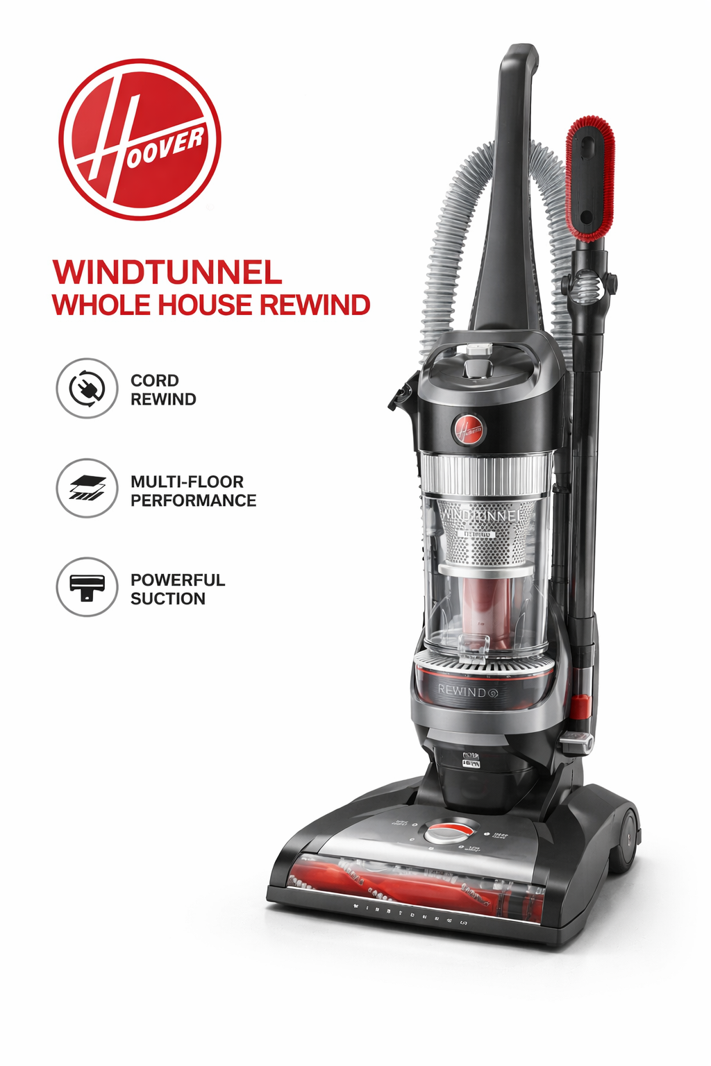Hoover WindTunnel Whole House Rewind Upright Vacuum Cleaner – Corded, Bagless, Multi-Floor (Refurbished)
