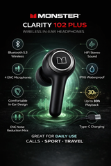 Monster Clarity 102 Plus Wireless Earbuds, Bluetooth Headphones with HiFi Stereo, 4 ENC Mic for Crystal Clear Call, 30H Playtime, Type-C Charging, IPX6 Waterproof in-Ear Ear Buds (Grey Black)