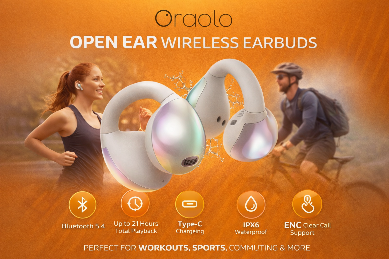 Oraolo Open Ear Bluetooth 5.4 Headphones IPX6 Waterproof Clip-On Earbuds 21H Playtime White