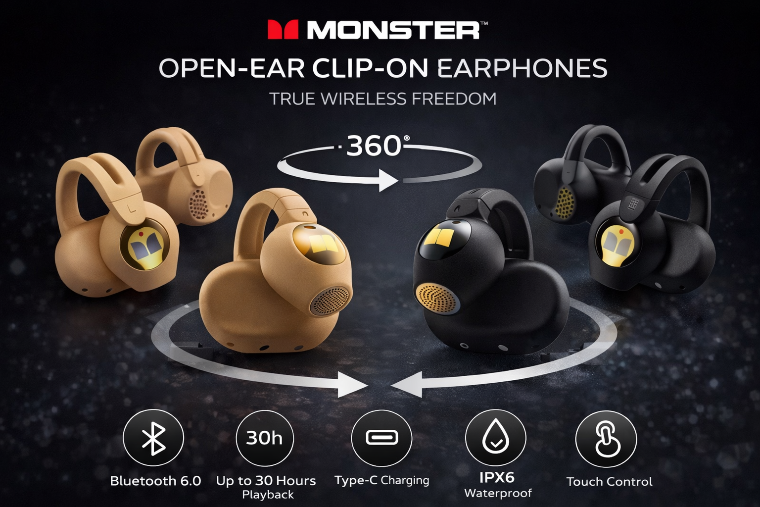 Monster Open Ear AC221 Bluetooth 6.0 Wireless Clip-On Headphones 30H Playback IPX6 Waterproof