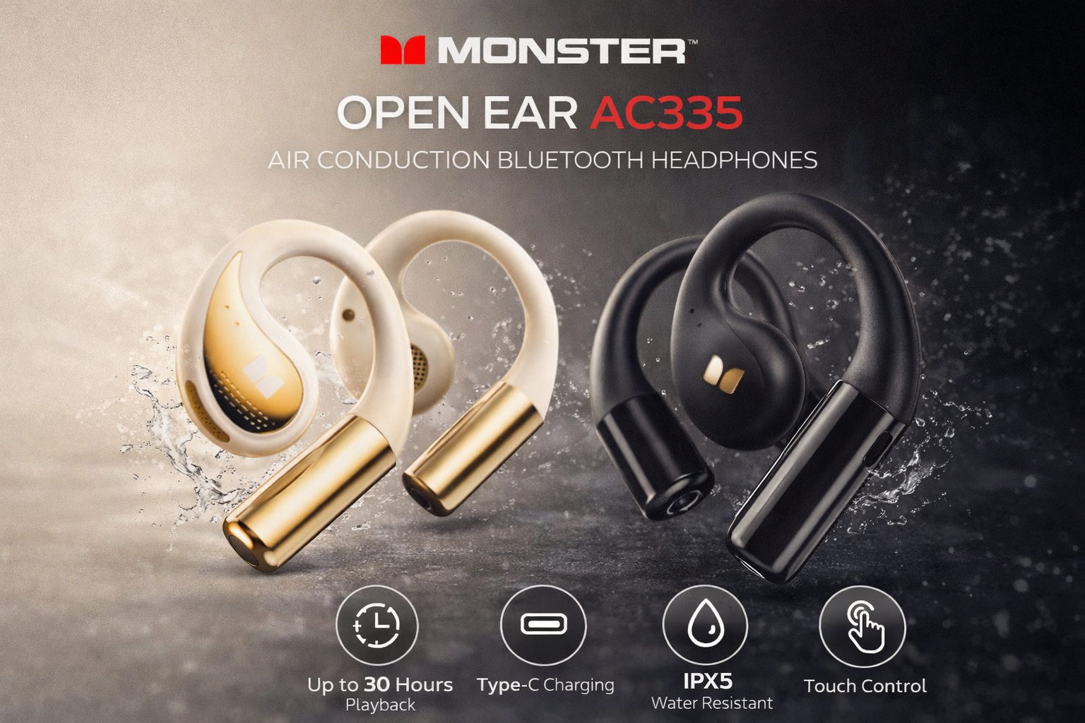 Monster Open Ear AC335 Bluetooth 5.4 Wireless Headphones 24H Playtime IPX5 Sweat Resistant ENC Calls