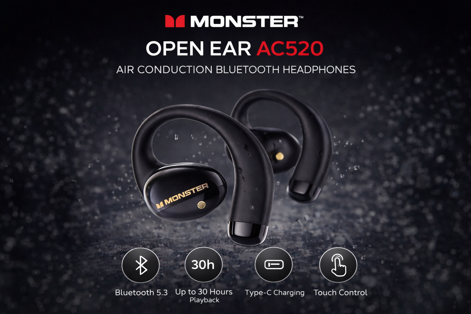 Monster Open Ear AC520 Bluetooth Wireless Headphones (BLACK) 14.2mm Drivers 30H Total Playtime IPX5 Sweatproof