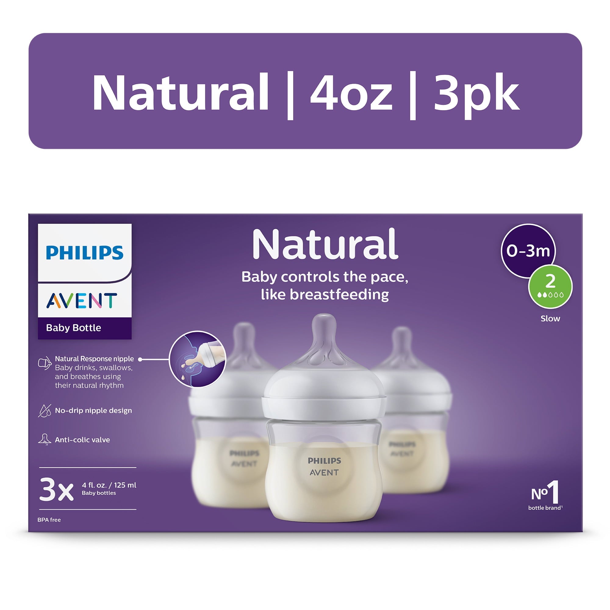 Philips Avent Natural Baby Bottle with Natural Response Nipple (Slow Flow, Flow 2), 4oz, 3-Pack, SCY900/93