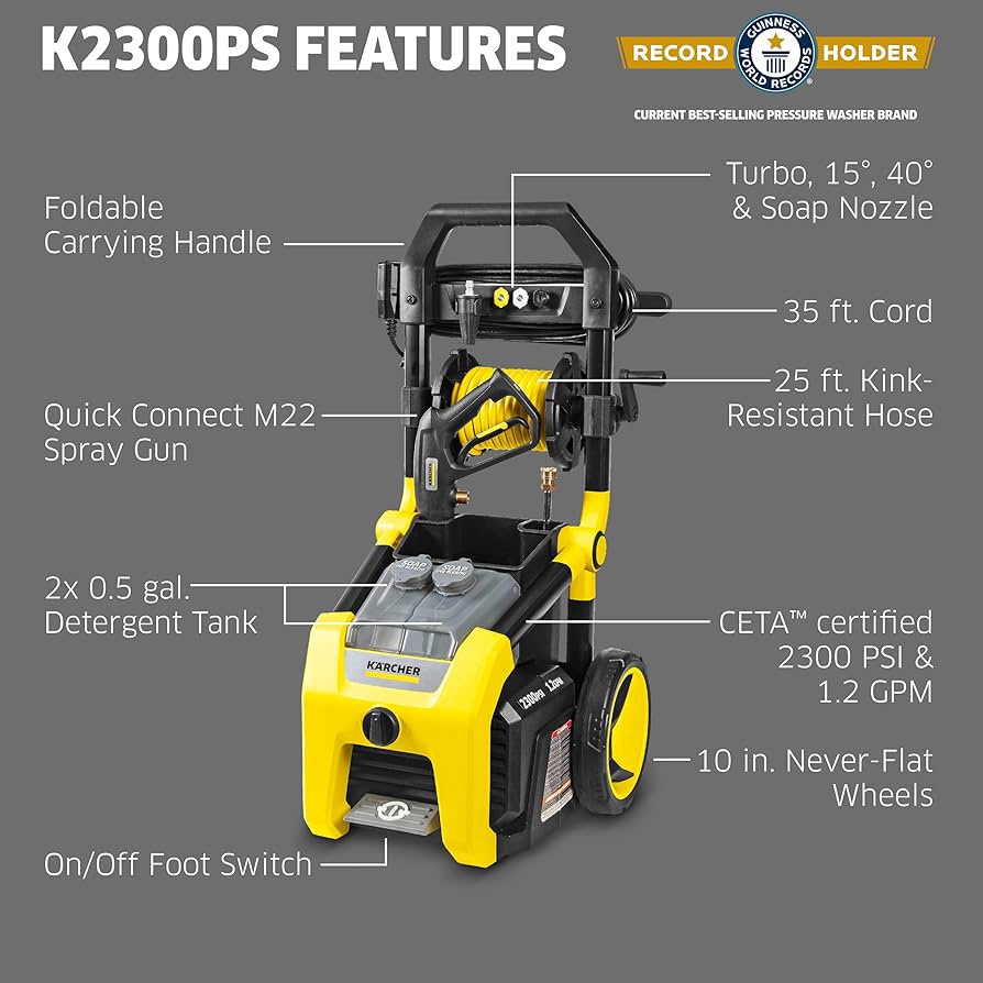 Karcher K2300PS 2300 PSI 1.2 GPM Electric Power Pressure Washer with Turbo, 15°, 40°, & Soap Nozzles