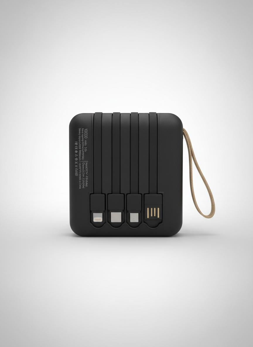 K16 Power Bank 10,000 mAh Portable Charger with 4 Built-In Charging Cables – Fast Charge USB-C, Lightning & Micro USB, Dual Output, Slim Powerbank for iPhone, Samsung, Android Devices