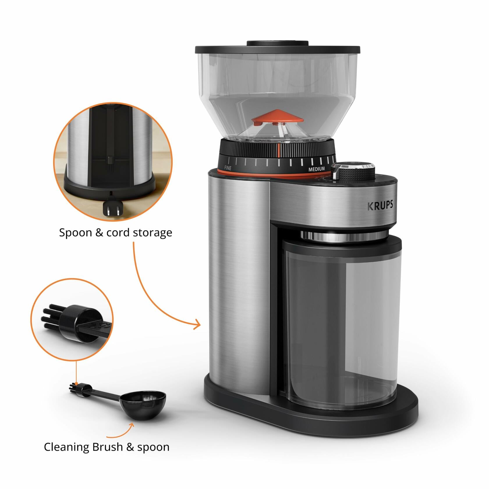 KRUPS Flat Burr Coffee Grinder Electric, 18 Adjustable Grind Settings, 2-20 Cups per Grind, Single Touch, Coffee Bean and Spice Grinder, Stainless Steel, Black