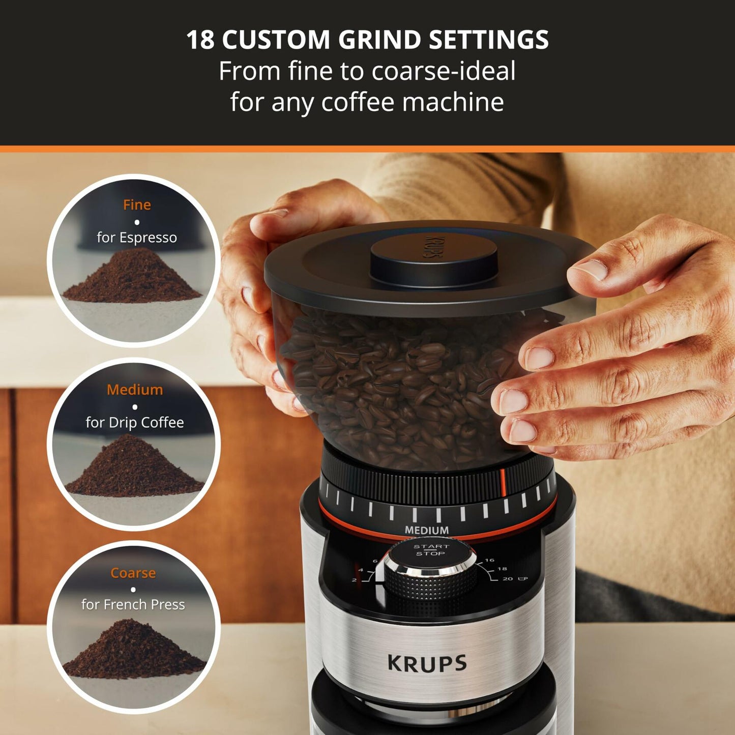 KRUPS Flat Burr Coffee Grinder Electric, 18 Adjustable Grind Settings, 2-20 Cups per Grind, Single Touch, Coffee Bean and Spice Grinder, Stainless Steel, Black