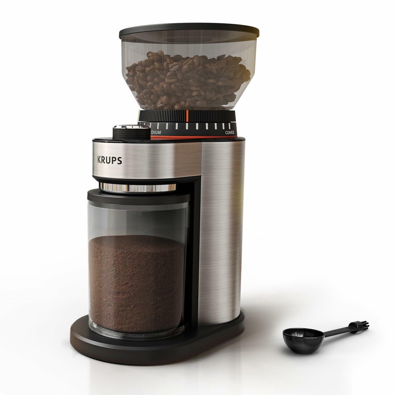 KRUPS Flat Burr Coffee Grinder Electric, 18 Adjustable Grind Settings, 2-20 Cups per Grind, Single Touch, Coffee Bean and Spice Grinder, Stainless Steel, Black