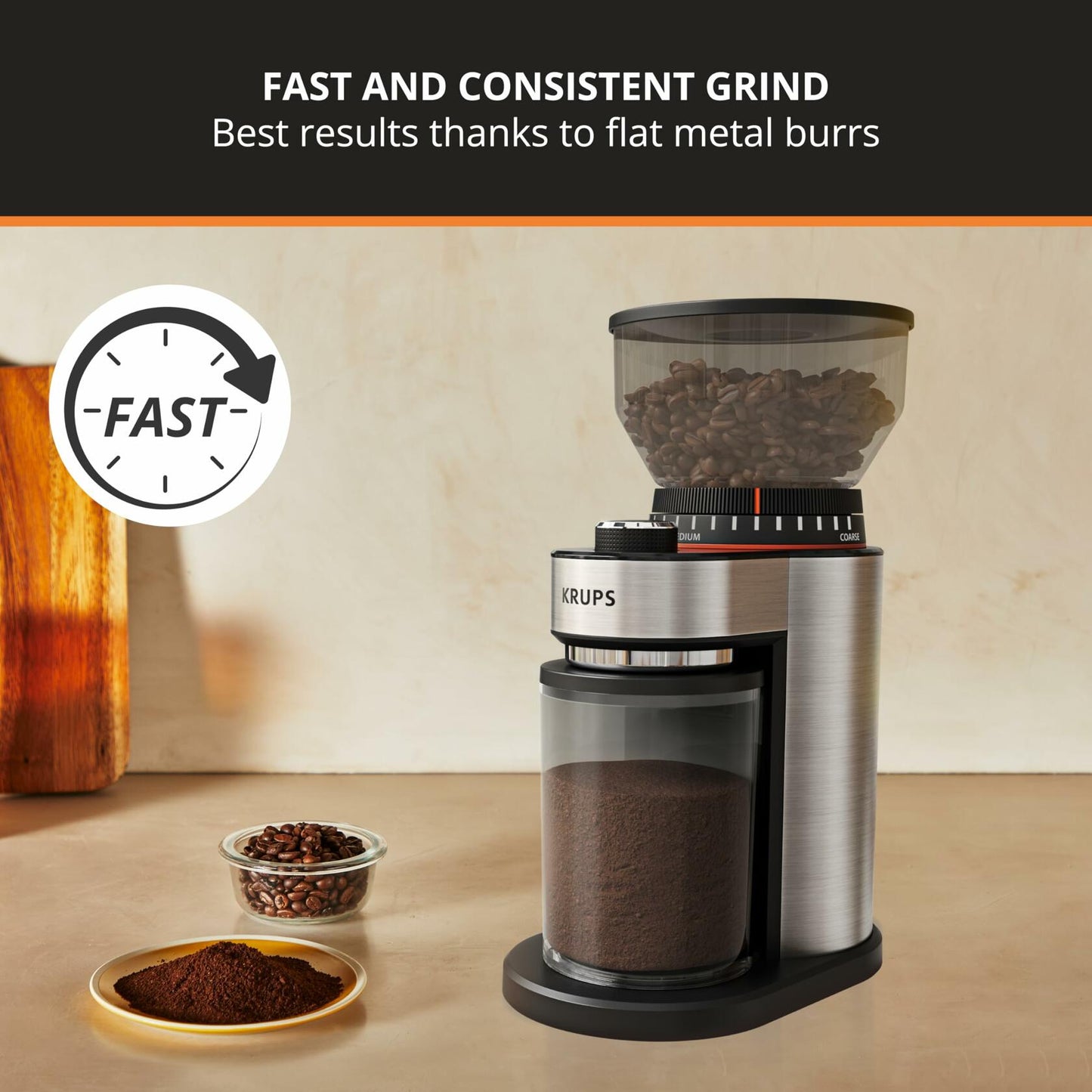 KRUPS Flat Burr Coffee Grinder Electric, 18 Adjustable Grind Settings, 2-20 Cups per Grind, Single Touch, Coffee Bean and Spice Grinder, Stainless Steel, Black