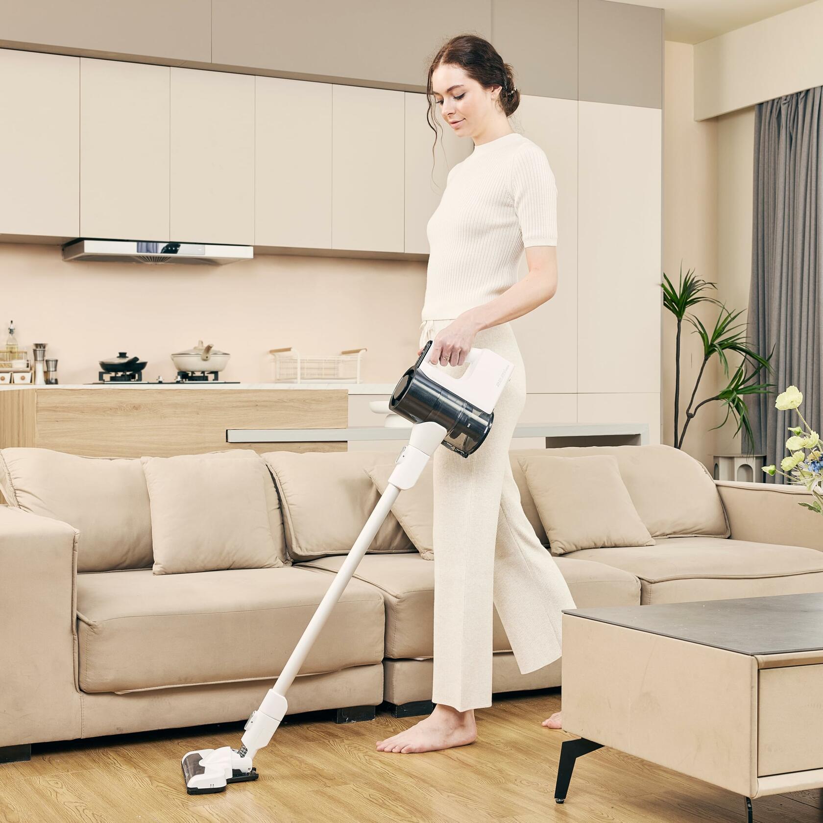 Amazon Basics Cordless Stick Vacuum Cleaner, Lightweight (5 lbs), Powerful Suction for Carpet and Hardwood Floors in Small/Medium-Sized Rooms, 0.4L Dust Cup, 250W, White